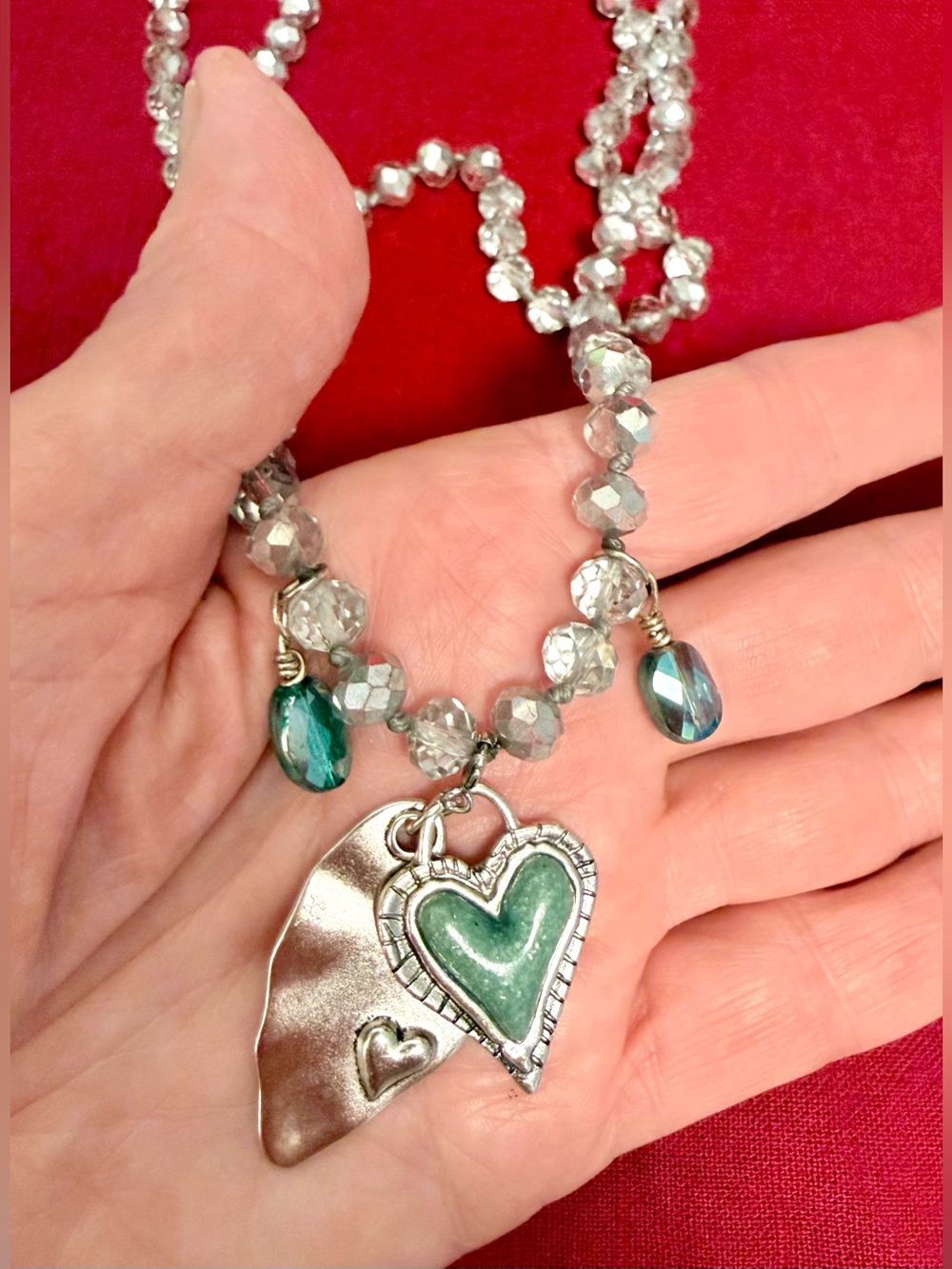 Silver-tone and Teal Heart Necklace on Crystal Beads